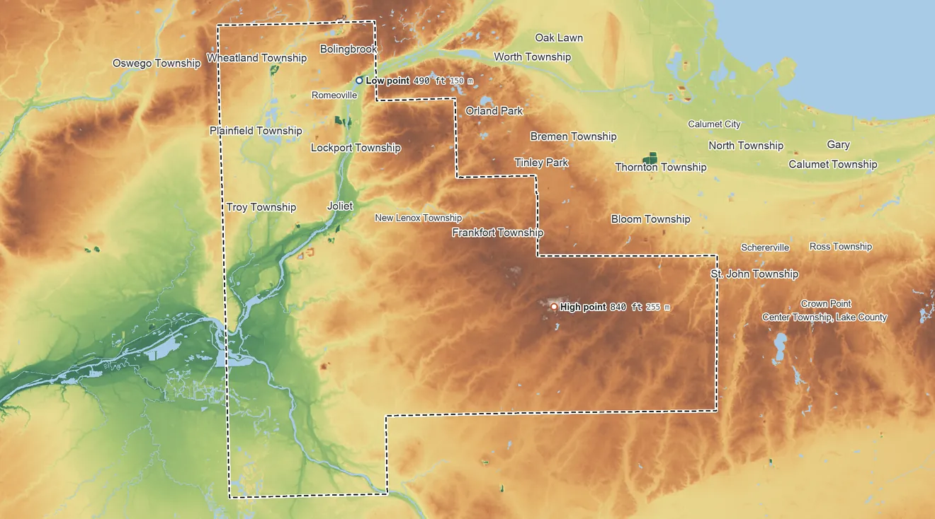Topographic elevation map of Will County, Illinois, shaded from 490 ft on the northwest side to 840 ft on the southeast side