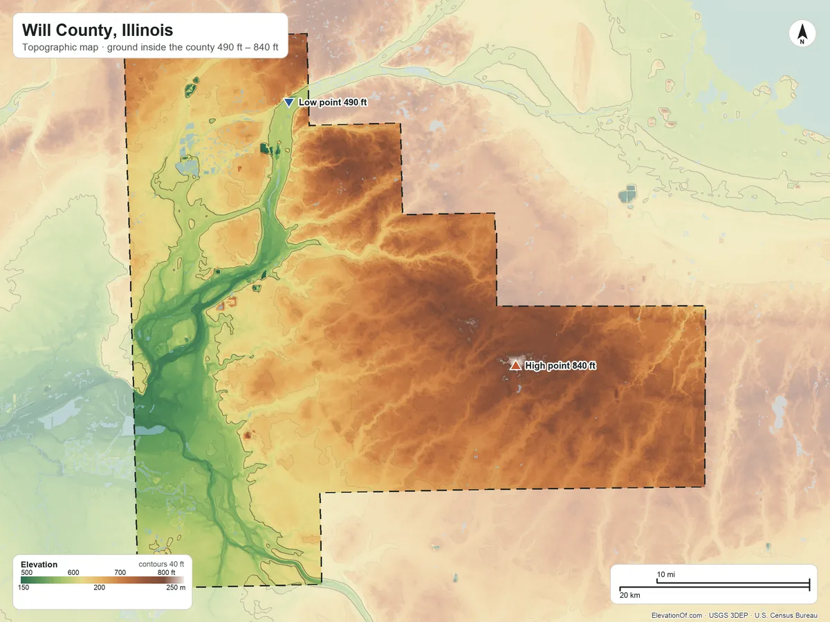 Topographic elevation map of Will County, Illinois, shaded from 490 ft on the northwest side to 840 ft on the southeast side