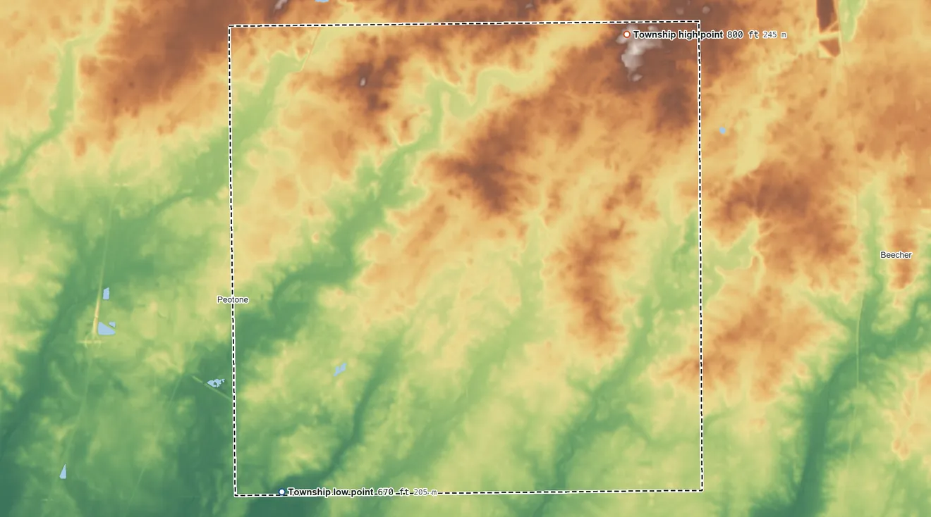 Topographic elevation map of Will Township, Illinois, shaded from 670 ft on the south side to 800 ft on the northeast side