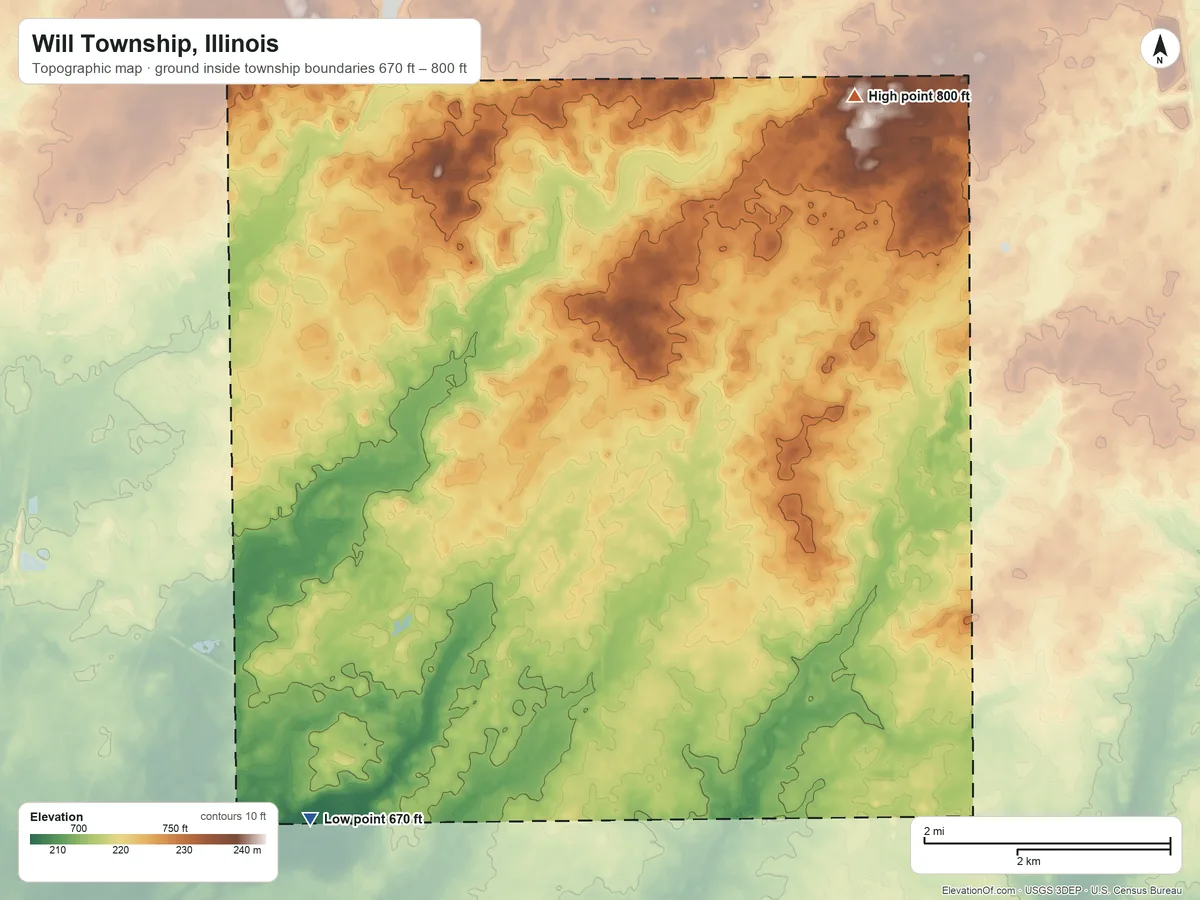 Topographic elevation map of Will Township, Illinois, shaded from 670 ft on the south side to 800 ft on the northeast side