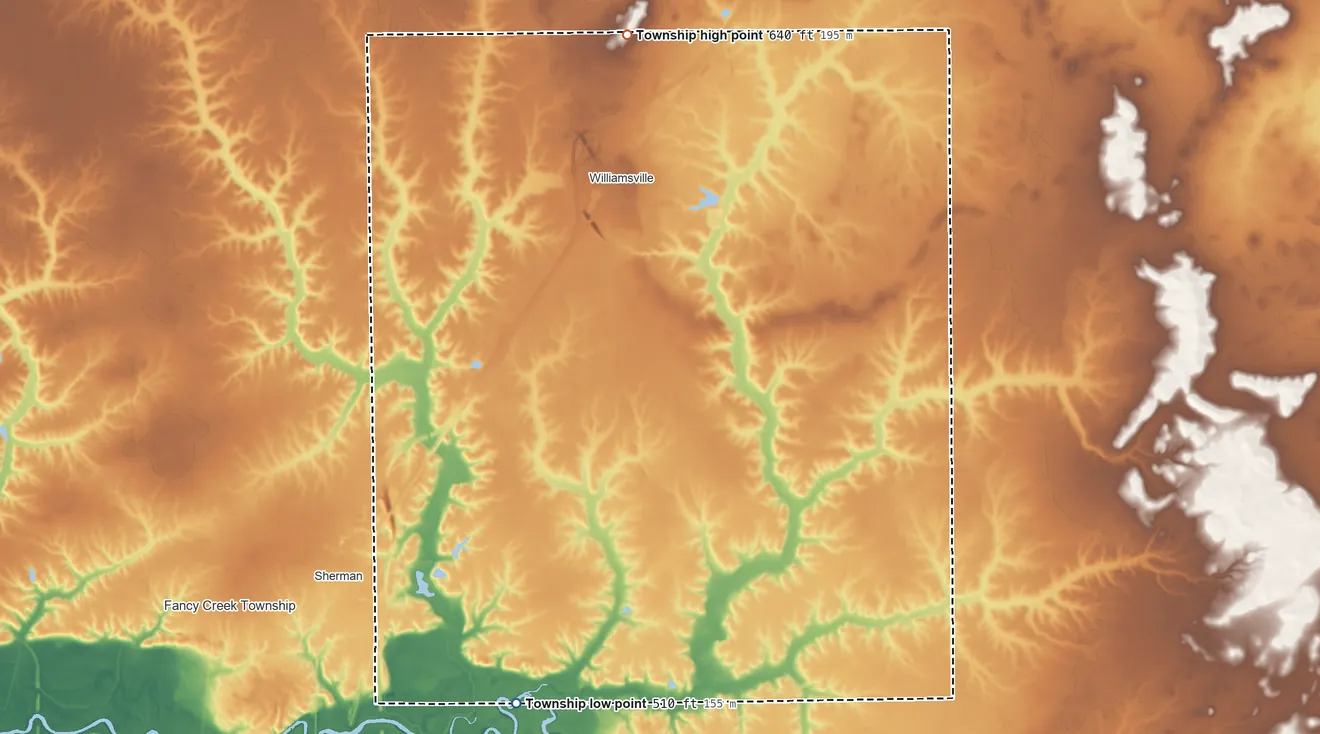 Topographic elevation map of Williams Township, Illinois, shaded from 510 ft on the south side to 640 ft on the north edge, below higher ground just outside