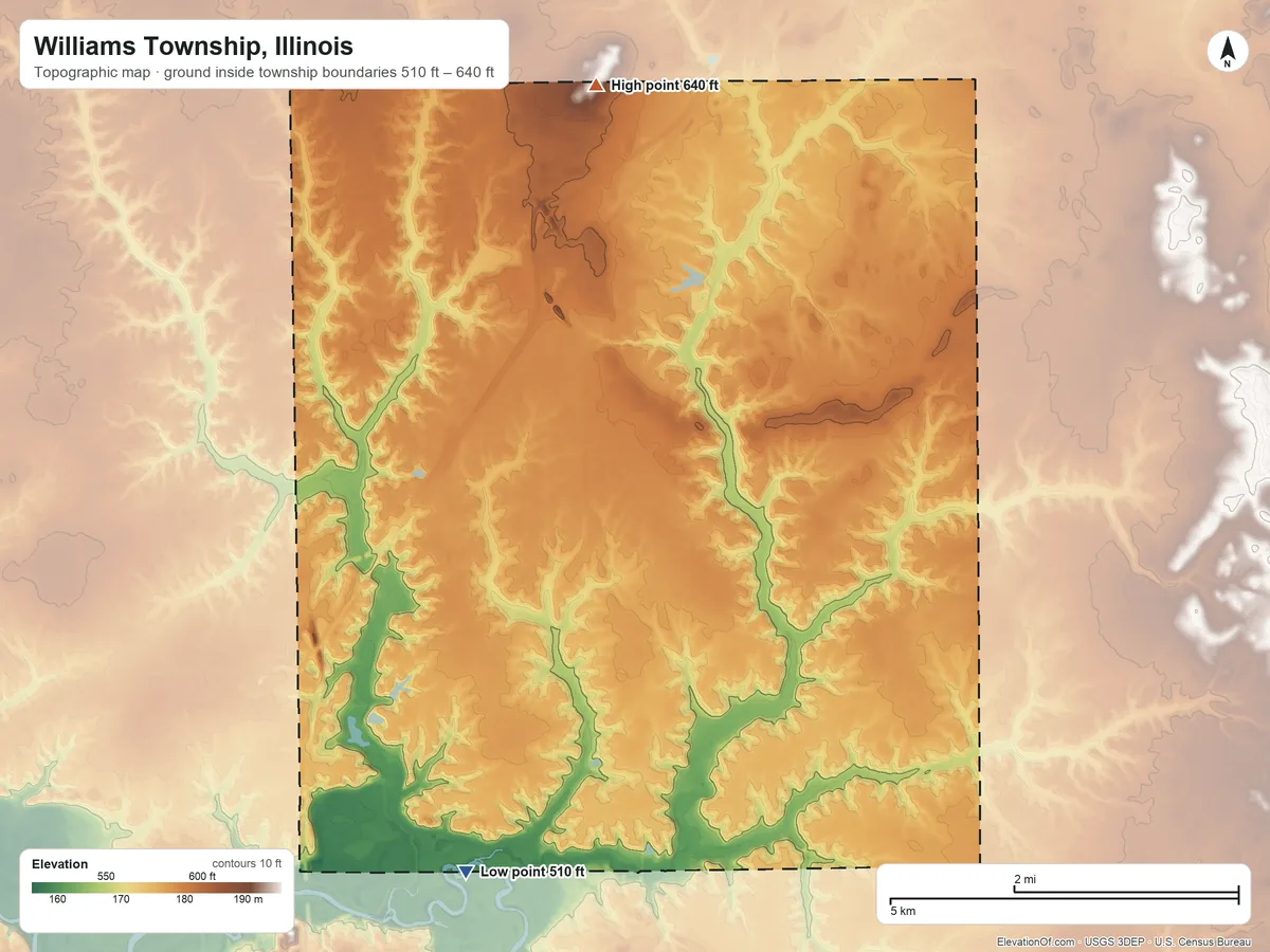 Topographic elevation map of Williams Township, Illinois, shaded from 510 ft on the south side to 640 ft on the north edge, below higher ground just outside