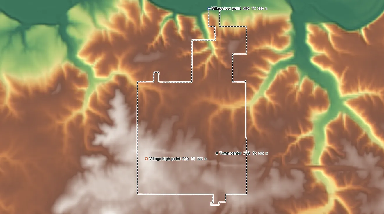 Topographic elevation map of Williamsfield, Illinois, shaded from 590 ft on the north side to 720 ft on the west side