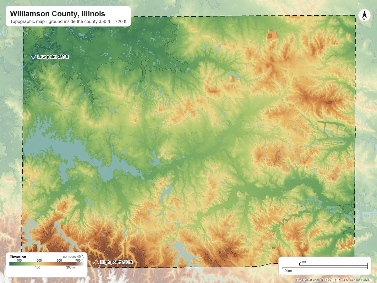 Topographic elevation map of Williamson County, Illinois, shaded from 350 ft on the northwest side to 720 ft on the southwest side