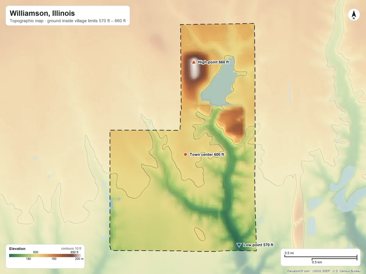 Topographic elevation map of Williamson, Illinois, shaded from 570 ft on the southeast side to 660 ft on the north side