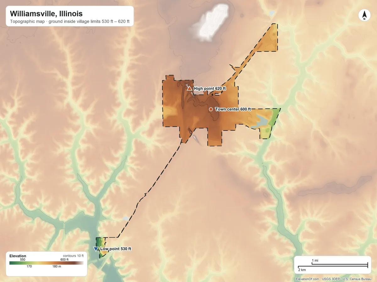 Topographic elevation map of Williamsville, Illinois, shaded from 530 ft on the southwest side to 620 ft near the middle