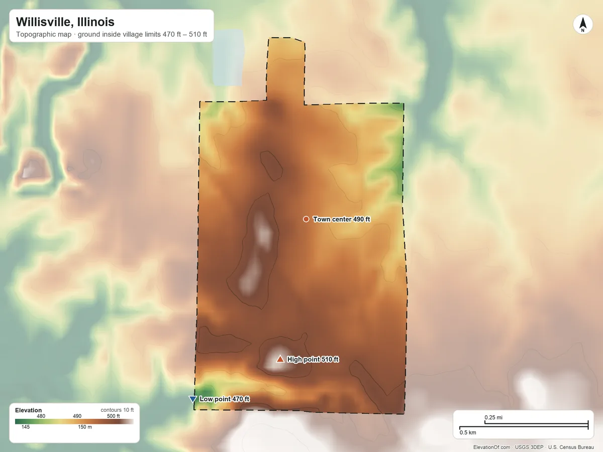 Topographic elevation map of Willisville, Illinois, shaded from 470 ft on the southwest side to 510 ft on the south side