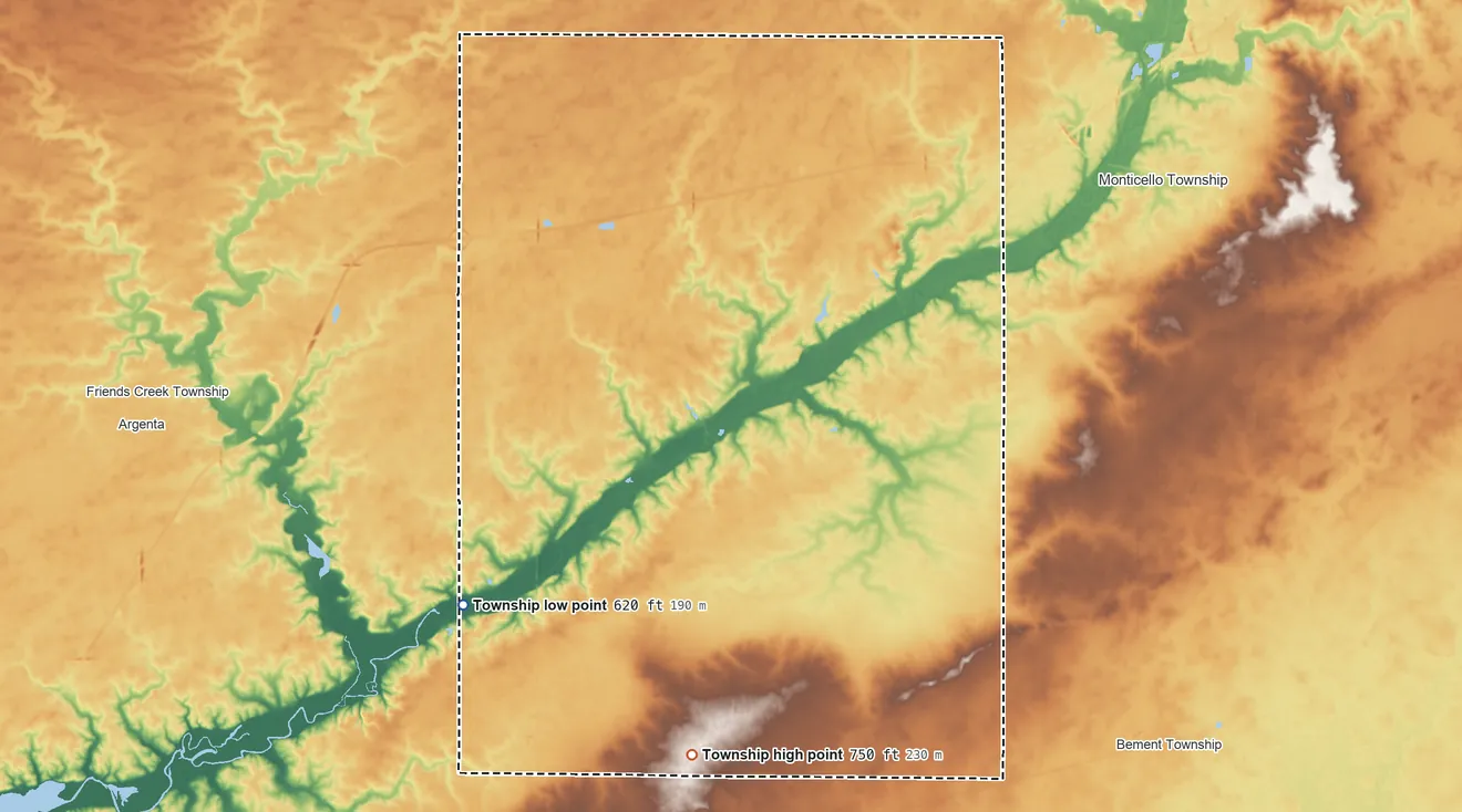 Topographic elevation map of Willow Branch Township, Illinois, shaded from 620 ft on the southwest side to 750 ft on the south side