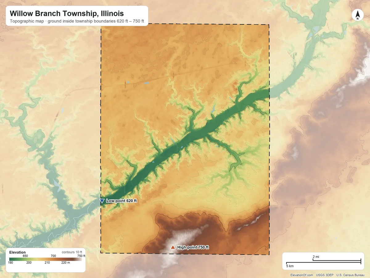Topographic elevation map of Willow Branch Township, Illinois, shaded from 620 ft on the southwest side to 750 ft on the south side