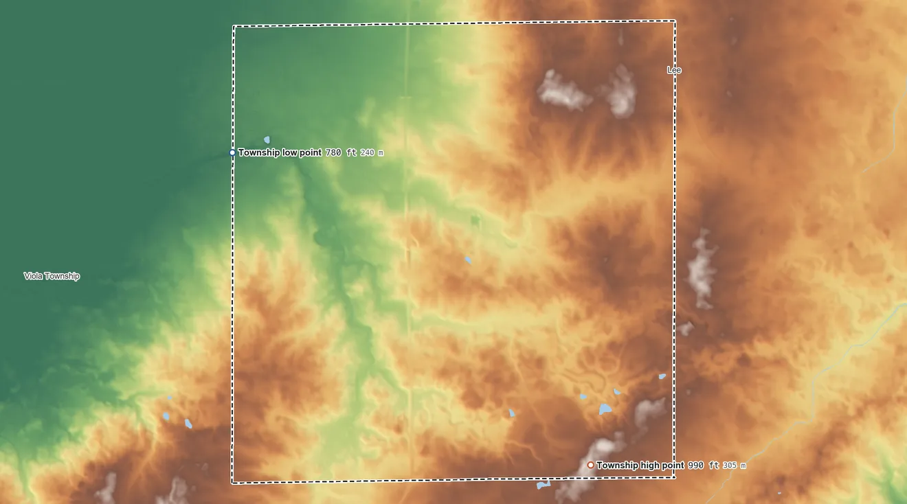 Topographic elevation map of Willow Creek Township, Illinois, shaded from 780 ft on the west side to 990 ft on the southeast side