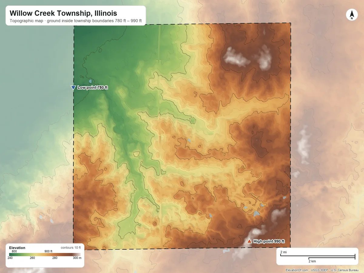 Topographic elevation map of Willow Creek Township, Illinois, shaded from 780 ft on the west side to 990 ft on the southeast side
