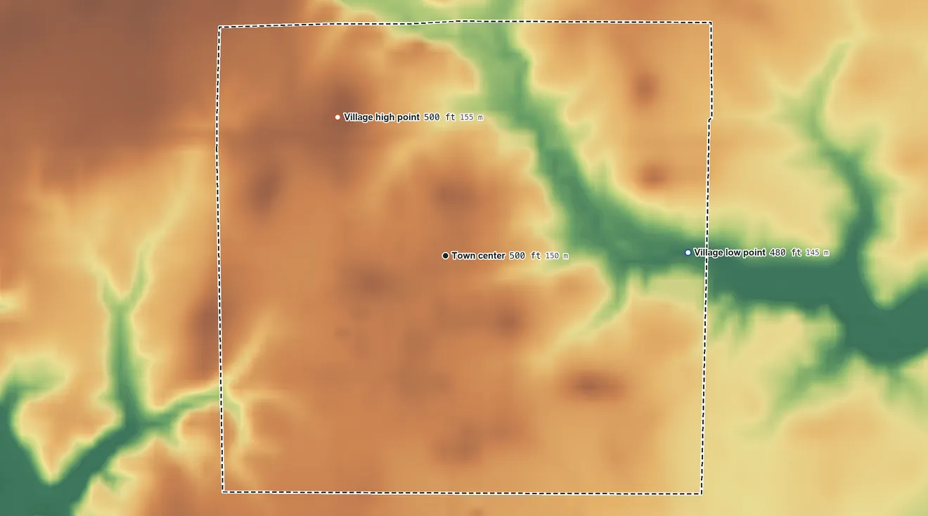 Topographic elevation map of Willow Hill, Illinois, shaded from 480 ft on the east side to 500 ft on the northwest side