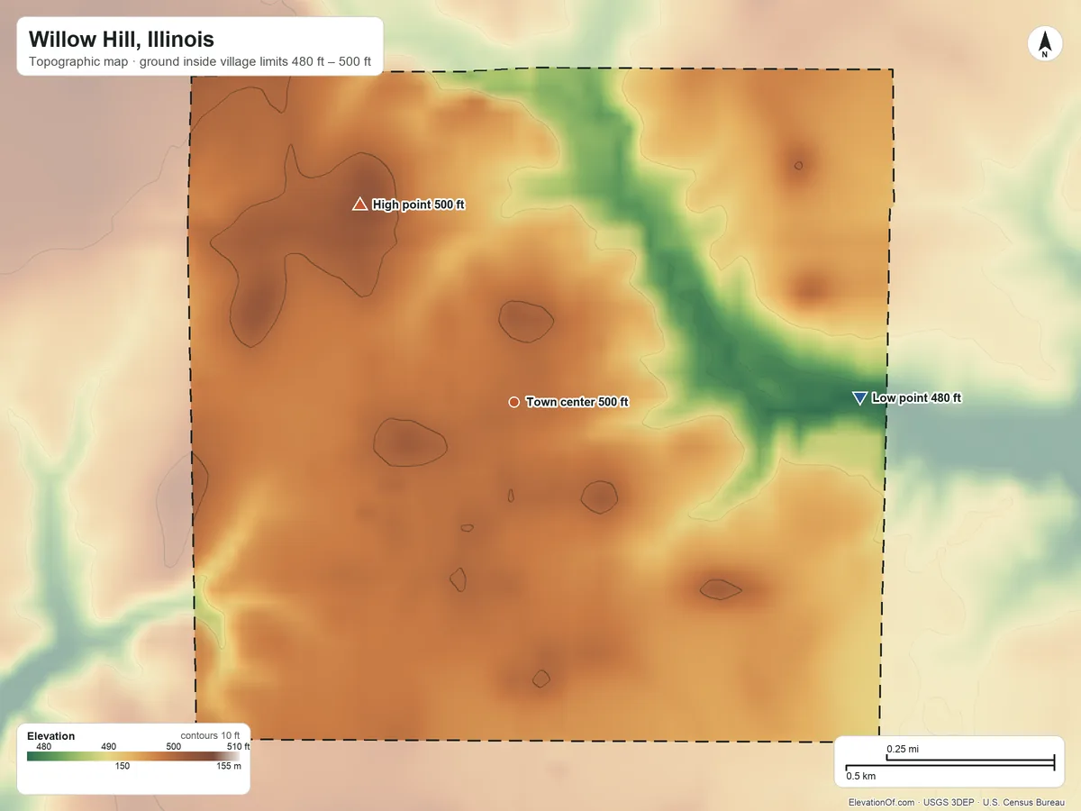 Topographic elevation map of Willow Hill, Illinois, shaded from 480 ft on the east side to 500 ft on the northwest side