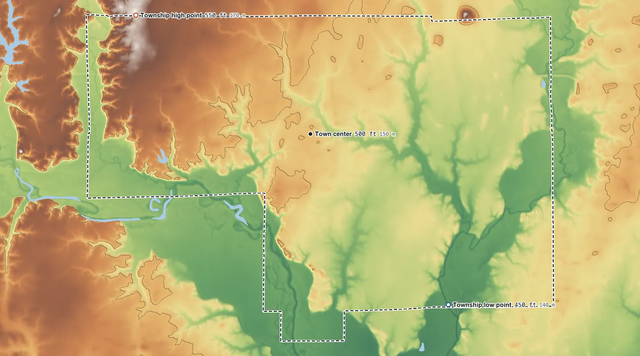 Topographic elevation map of Willow Hill Township, Illinois, shaded from 450 ft on the southeast side to 550 ft on the northwest side