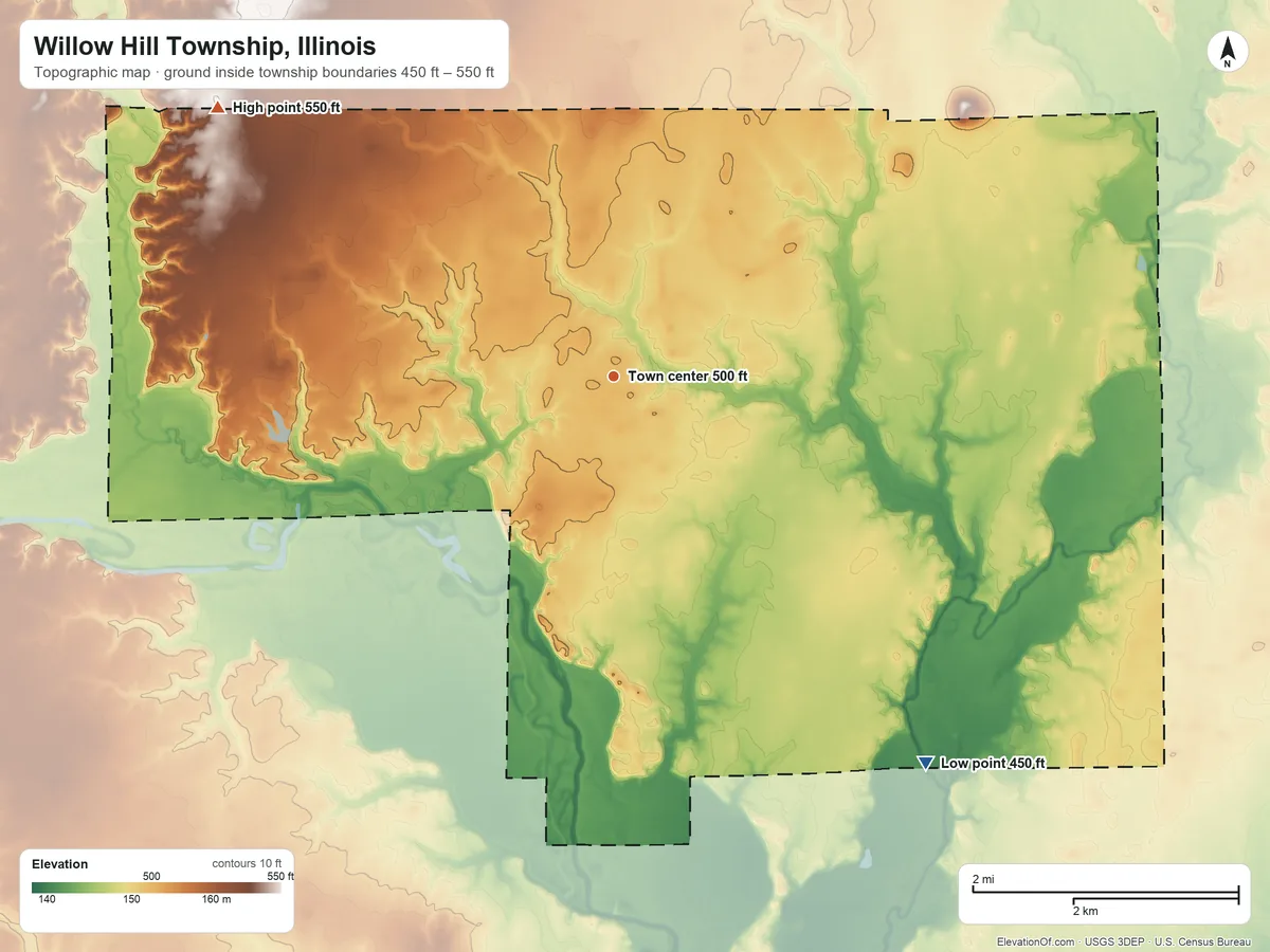Topographic elevation map of Willow Hill Township, Illinois, shaded from 450 ft on the southeast side to 550 ft on the northwest side
