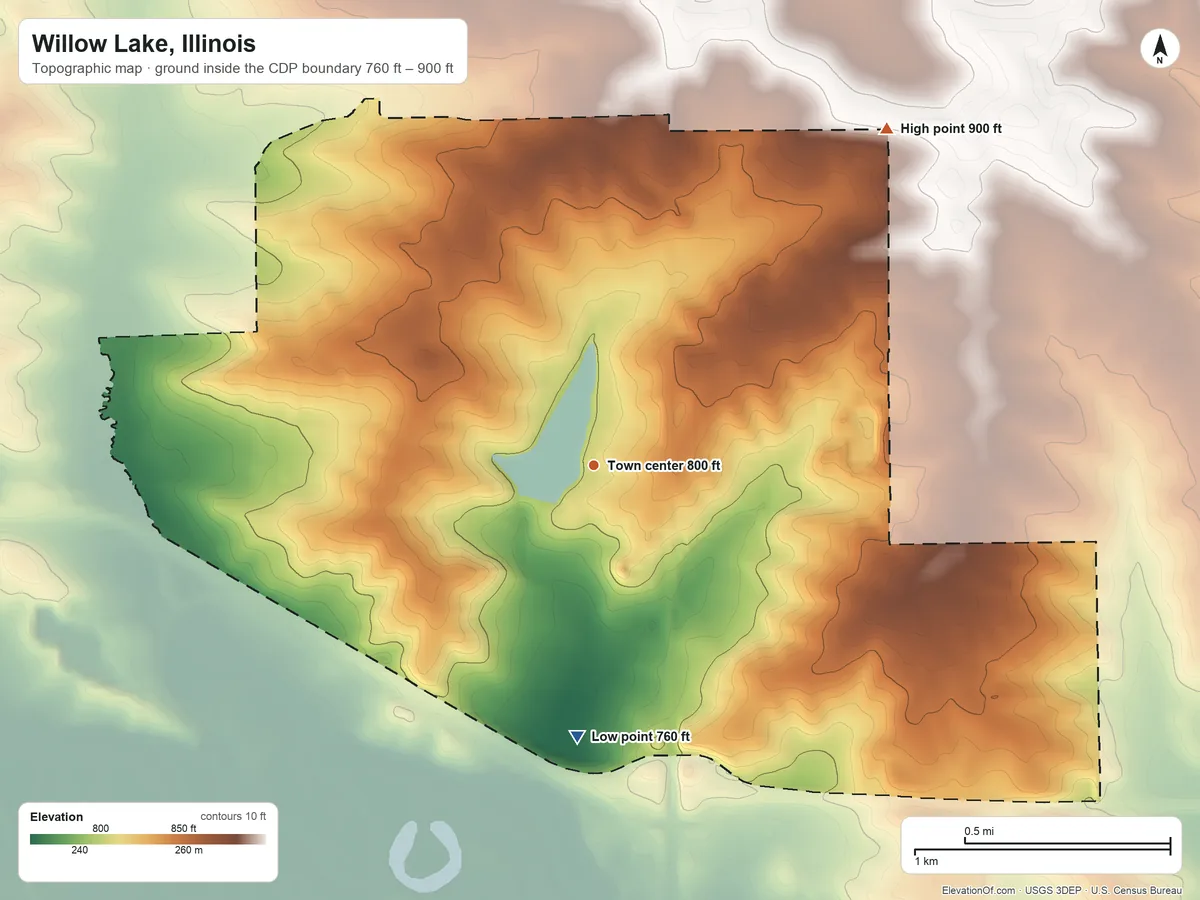 Topographic elevation map of Willow Lake, Illinois, shaded from 760 ft on the south side to 900 ft on the northeast side