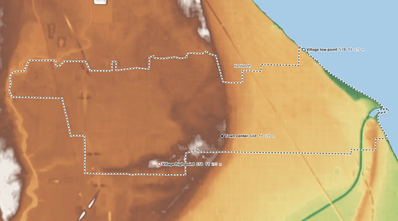 Topographic elevation map of Wilmette, Illinois, shaded from 570 ft on the northeast side to 650 ft on the southwest side