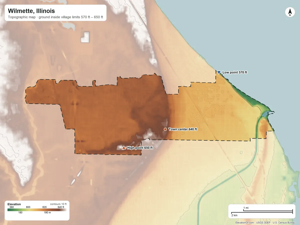 Topographic elevation map of Wilmette, Illinois, shaded from 570 ft on the northeast side to 650 ft on the southwest side