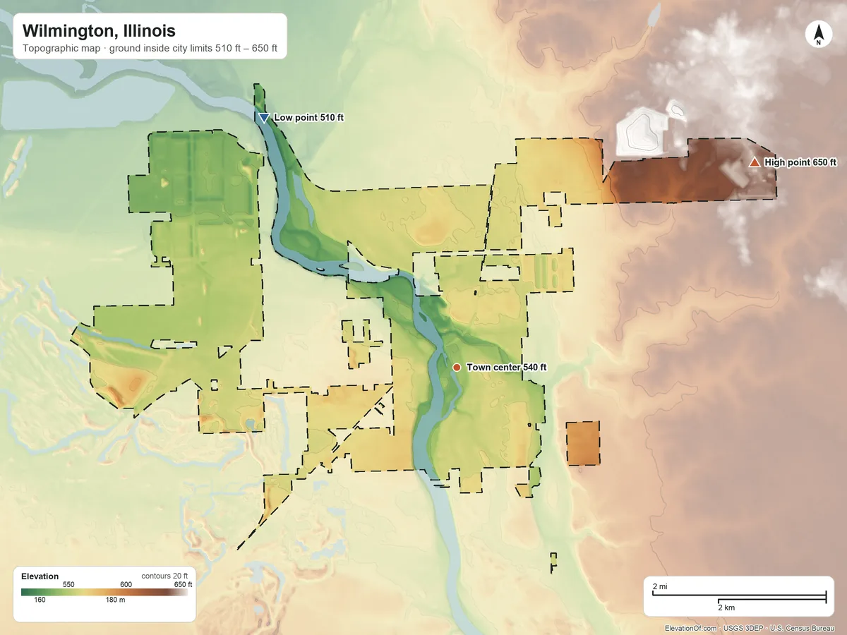 Topographic elevation map of Wilmington, Illinois, shaded from 510 ft on the northwest side to 650 ft on the northeast side