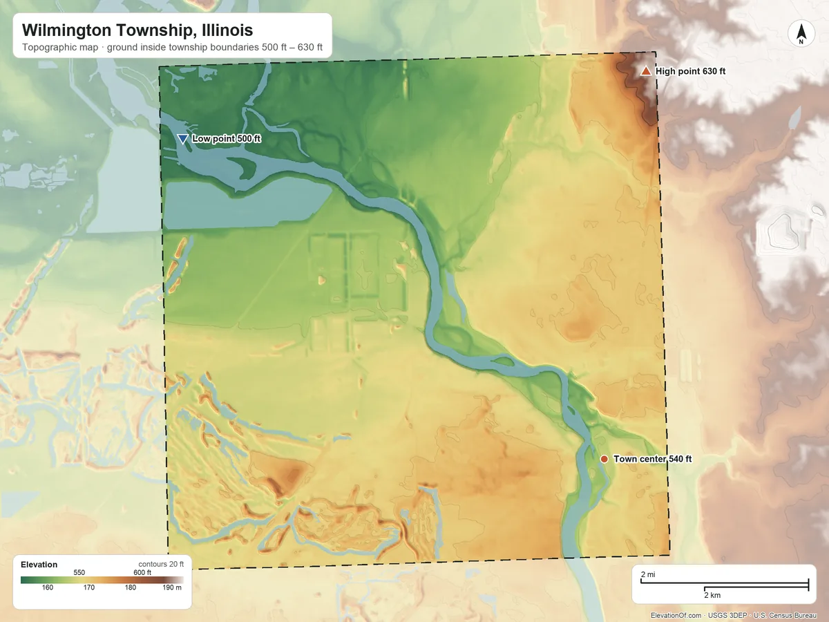Topographic elevation map of Wilmington Township, Illinois, shaded from 500 ft on the northwest side to 630 ft on the north side