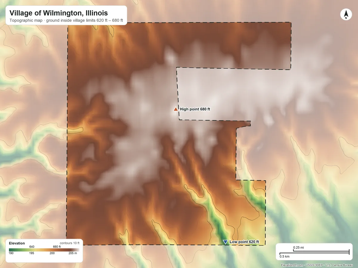Topographic elevation map of Village of Wilmington, Illinois, shaded from 620 ft on the south side to 680 ft on the northwest side