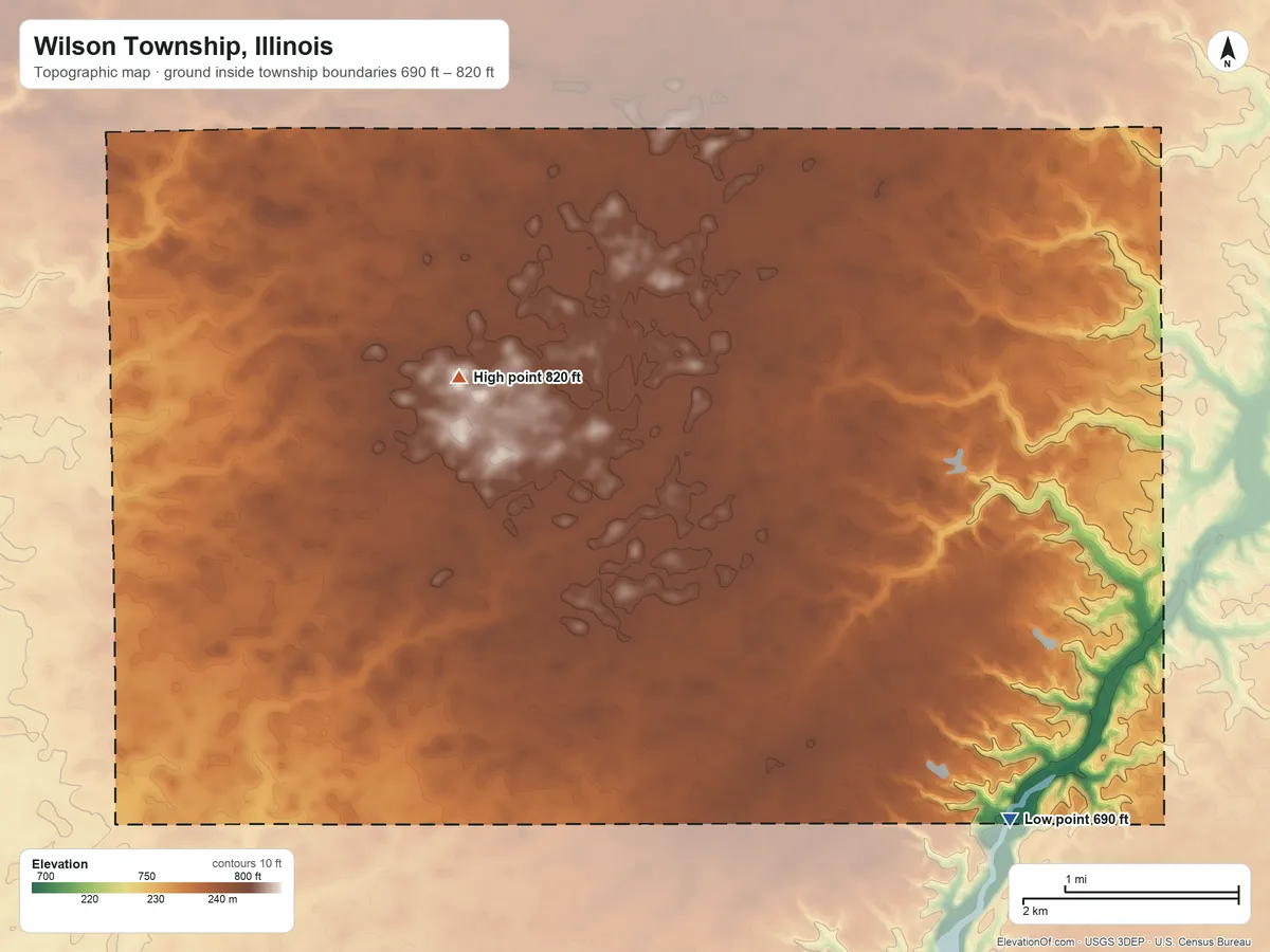 Topographic elevation map of Wilson Township, Illinois, shaded from 690 ft on the southeast side to 820 ft on the northwest side