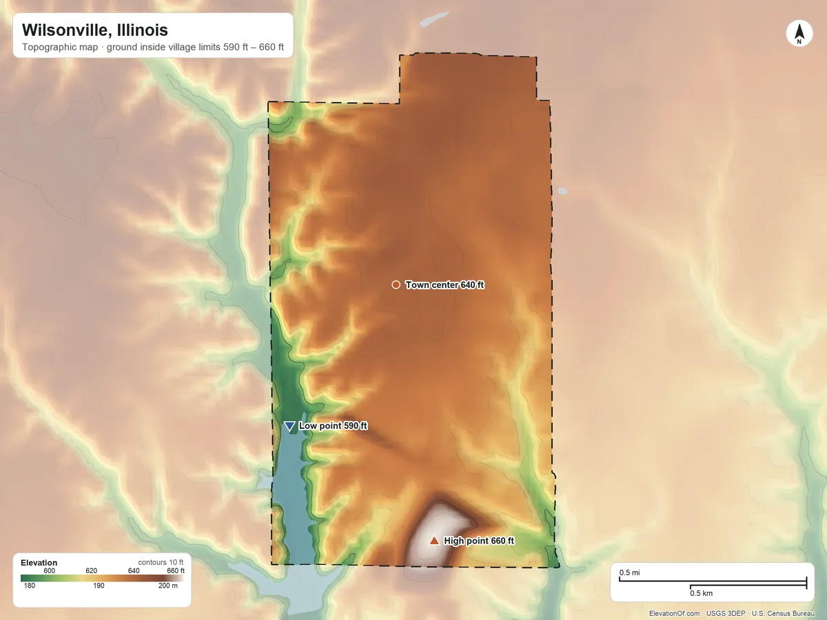 Topographic elevation map of Wilsonville, Illinois, shaded from 590 ft on the southwest side to 660 ft on the south side
