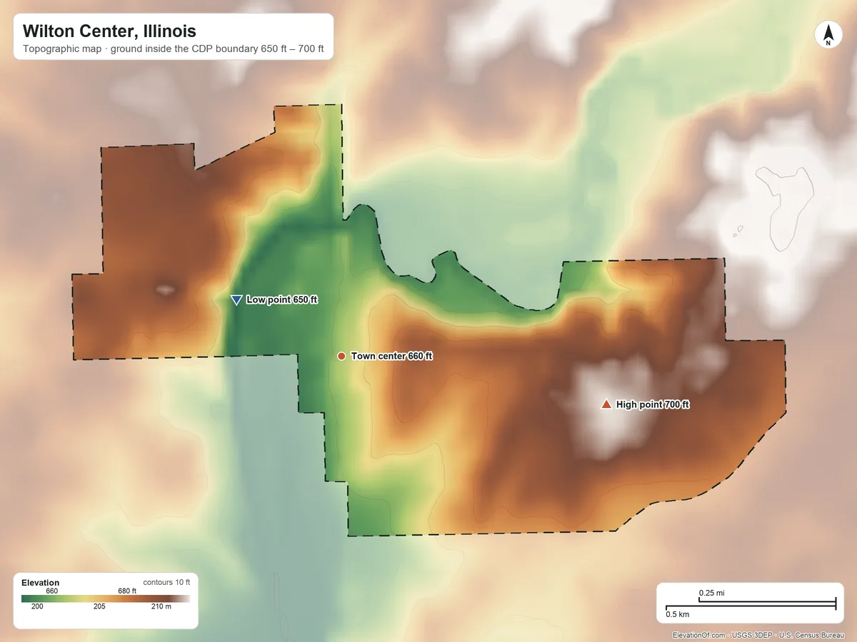Topographic elevation map of Wilton Center, Illinois, shaded from 650 ft on the northwest side to 700 ft on the east side