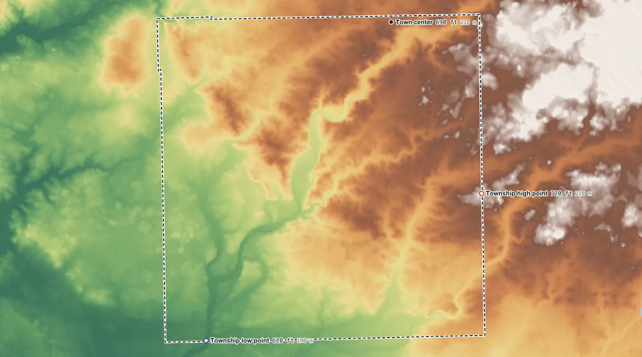 Topographic elevation map of Wilton Township, Illinois, shaded from 620 ft on the southwest side to 720 ft on the southeast side