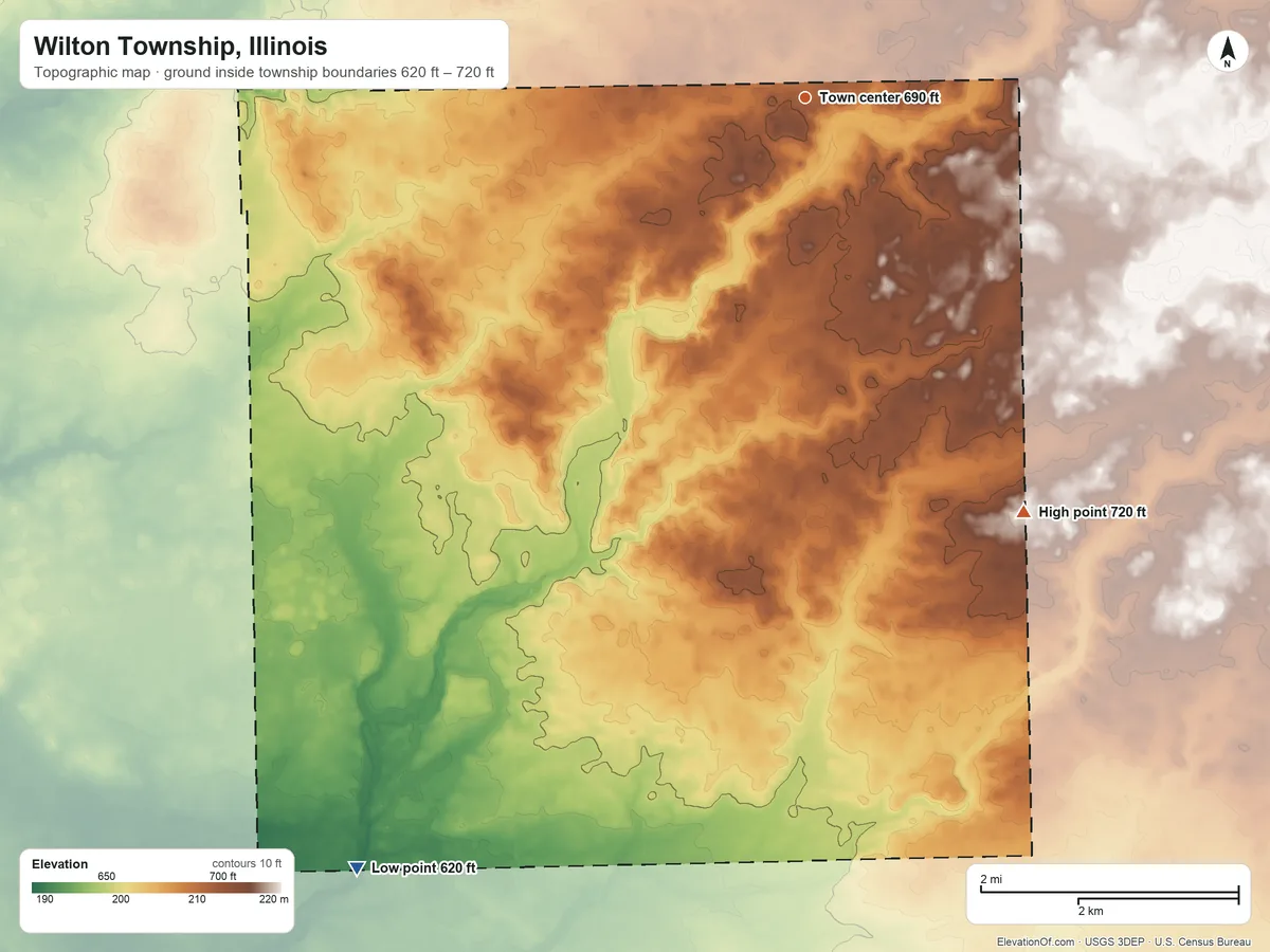 Topographic elevation map of Wilton Township, Illinois, shaded from 620 ft on the southwest side to 720 ft on the southeast side