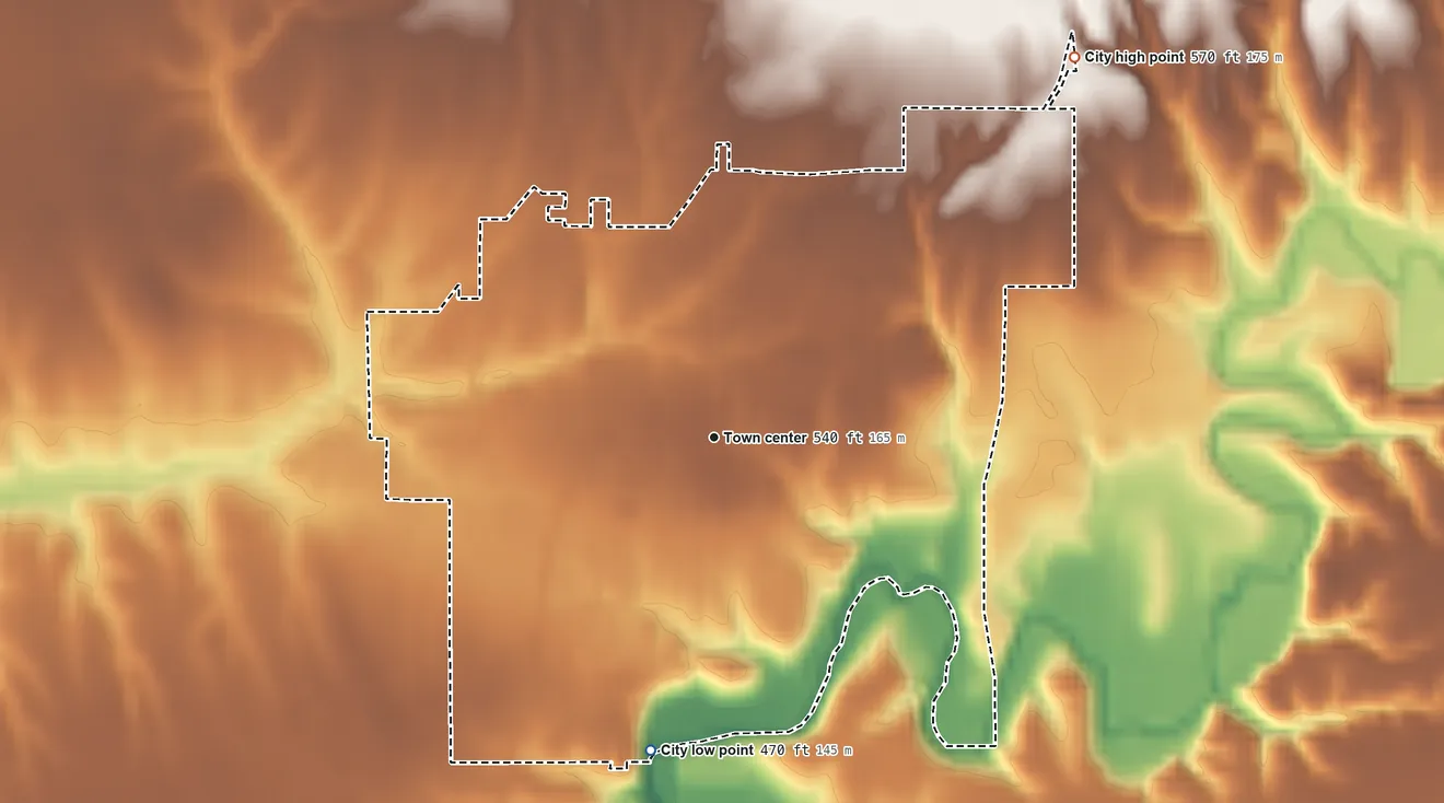 Topographic elevation map of Winchester, Illinois, shaded from 470 ft on the south side to 570 ft on the northeast side