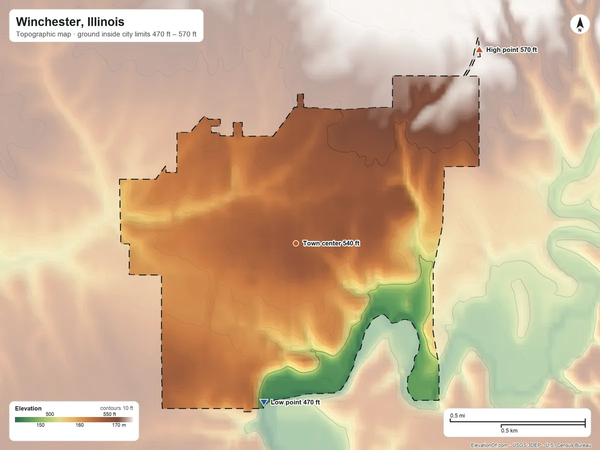 Topographic elevation map of Winchester, Illinois, shaded from 470 ft on the south side to 570 ft on the northeast side