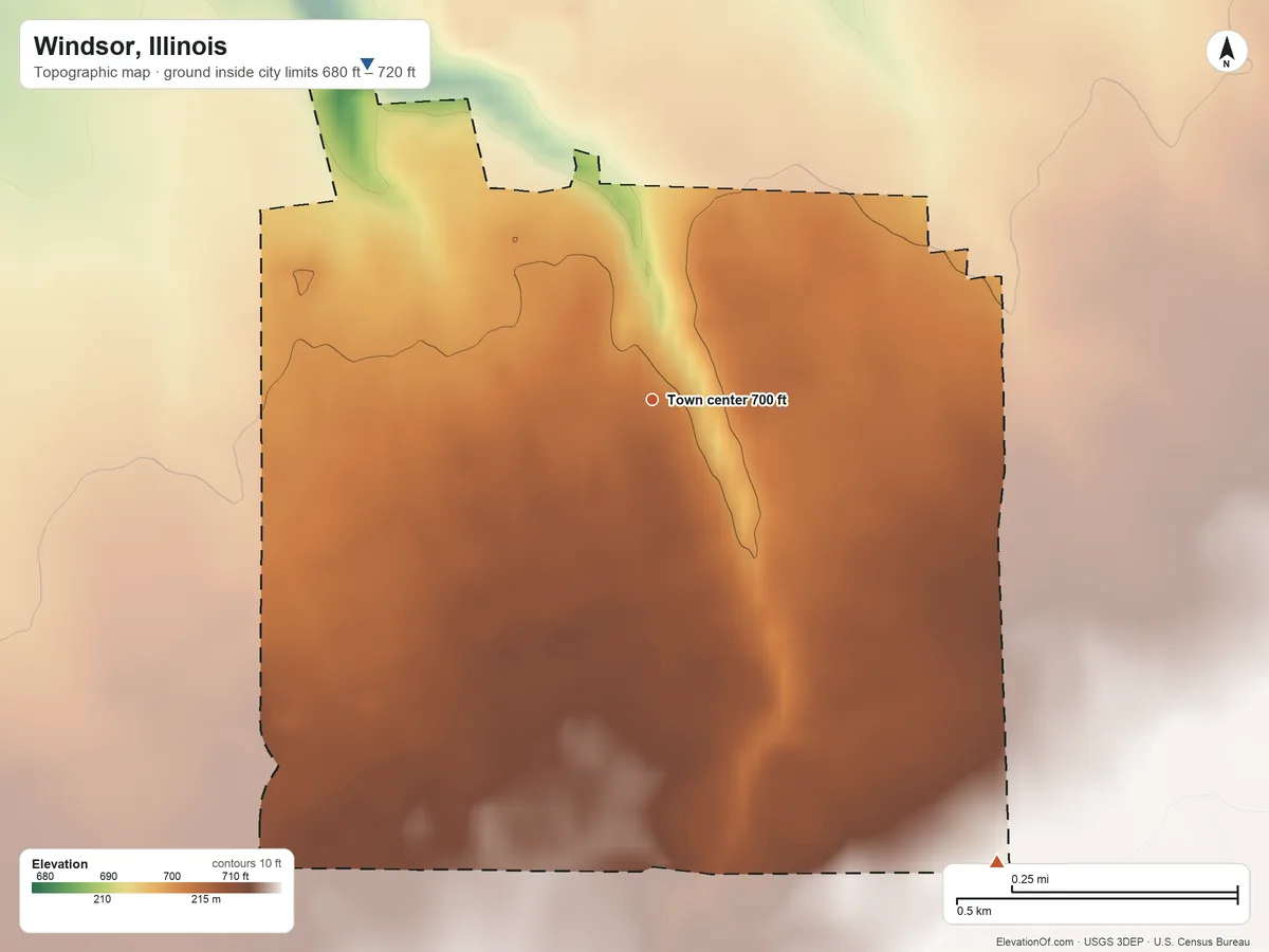 Topographic elevation map of Windsor, Illinois, shaded from 680 ft on the northwest side to 720 ft on the southeast side