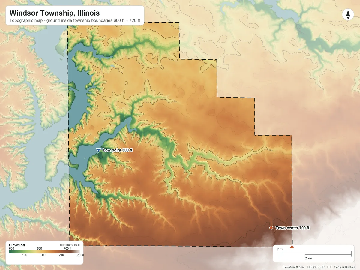Topographic elevation map of Windsor Township, Illinois, shaded from 600 ft on the northwest side to 720 ft near the middle