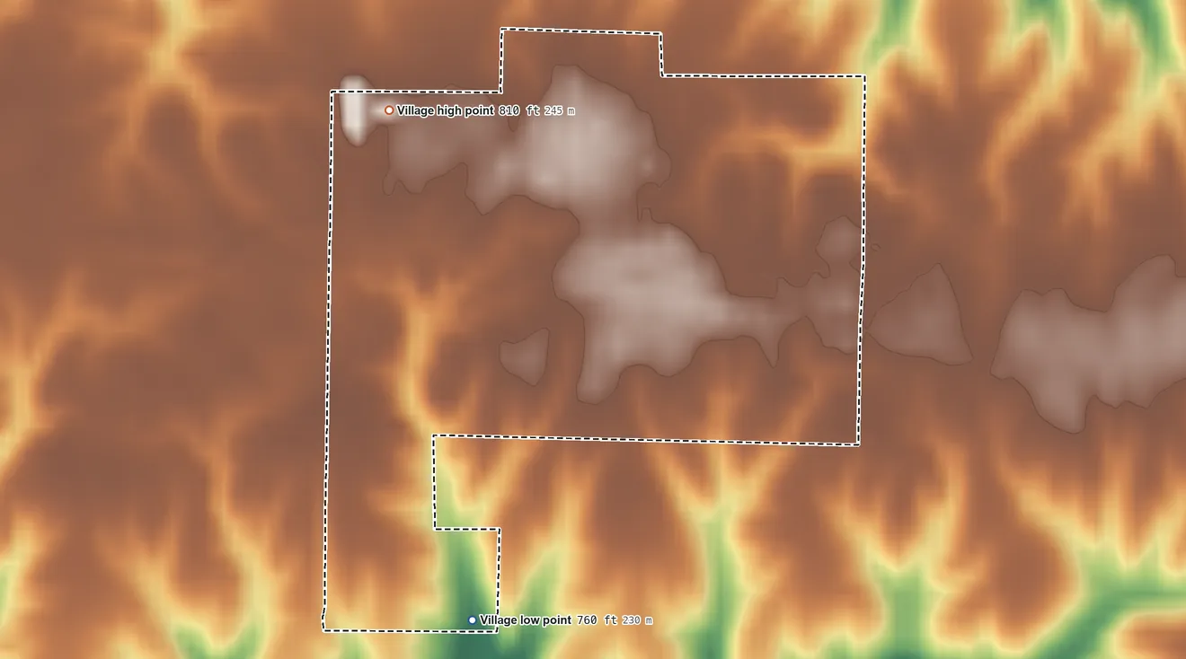Topographic elevation map of Village of Windsor, Illinois, shaded from 760 ft on the southwest side to 810 ft on the northwest side