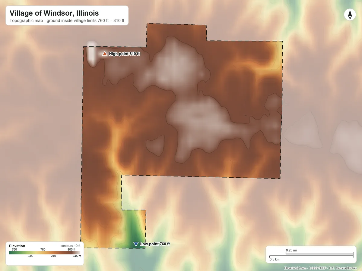 Topographic elevation map of Village of Windsor, Illinois, shaded from 760 ft on the southwest side to 810 ft on the northwest side