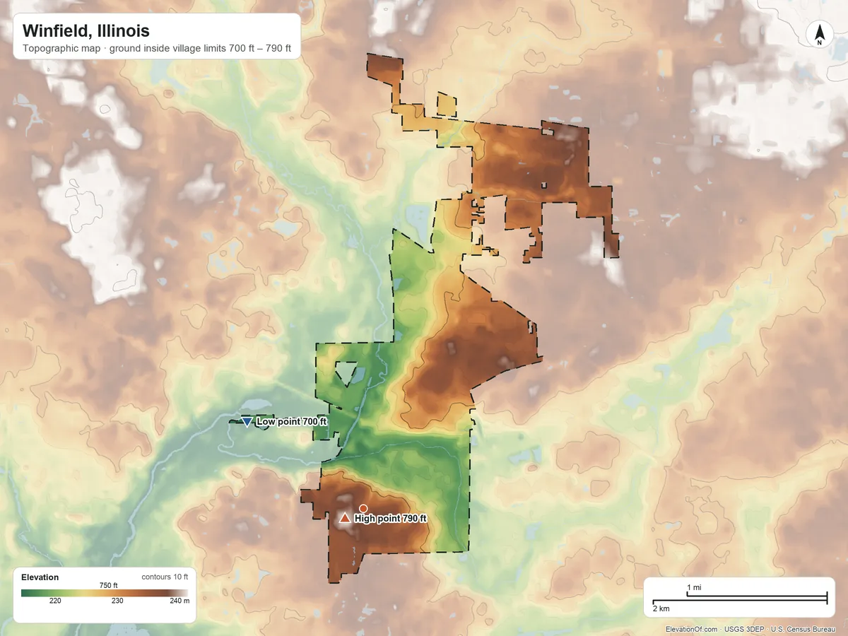 Topographic elevation map of Winfield, Illinois, shaded from 700 ft on the northwest side to 790 ft near the middle