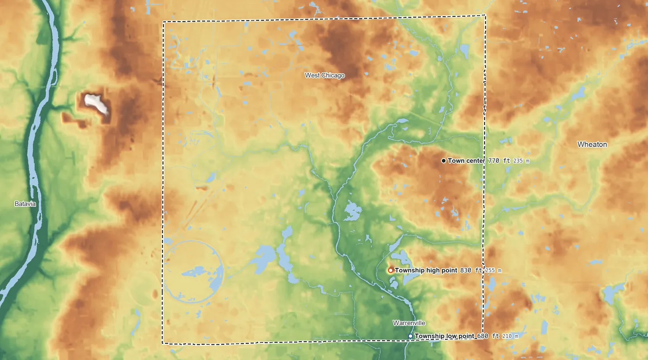 Topographic elevation map of Winfield Township, Illinois, shaded from 680 ft on the south side to 830 ft on Mount Hoy