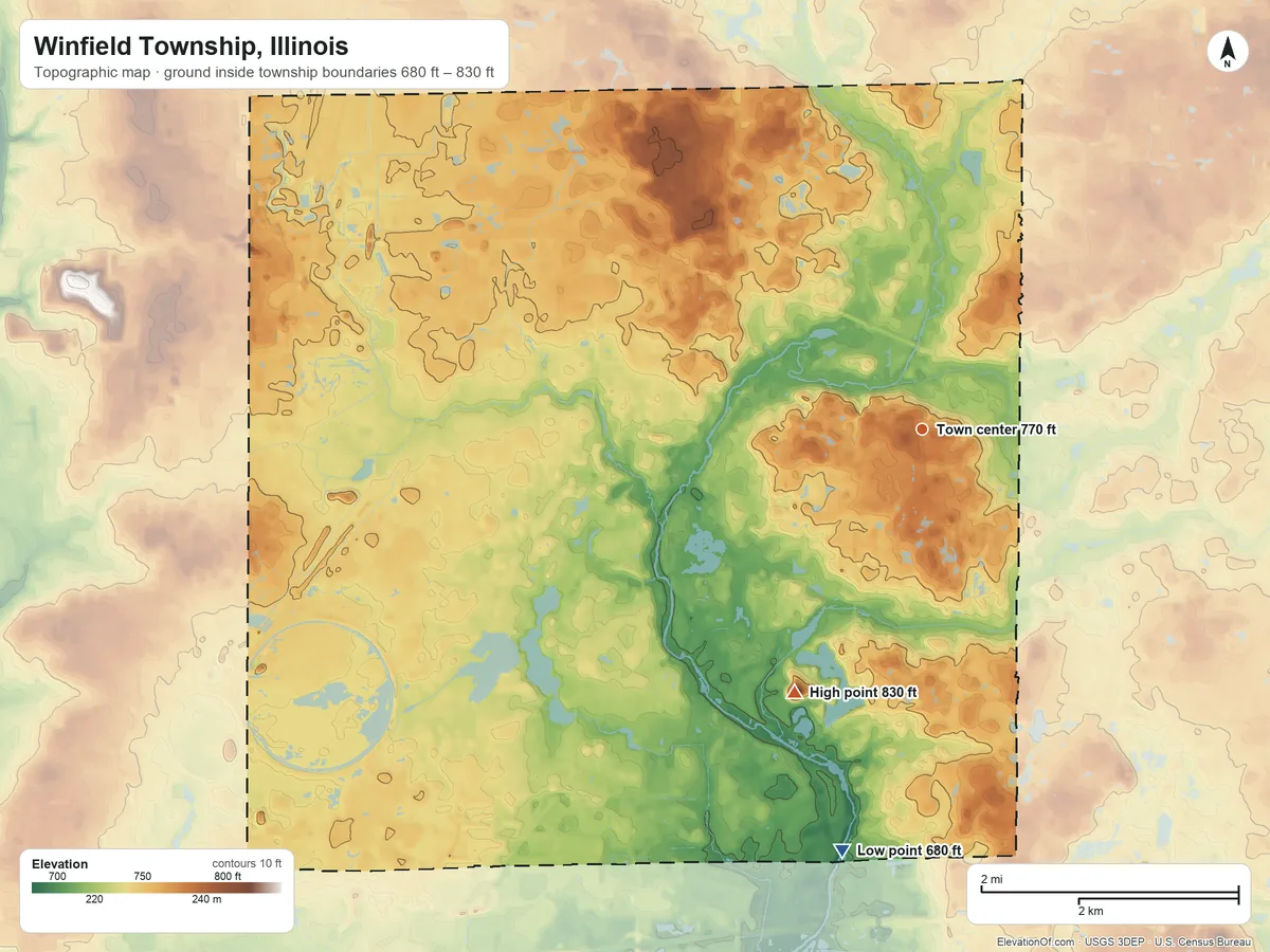 Topographic elevation map of Winfield Township, Illinois, shaded from 680 ft on the south side to 830 ft on Mount Hoy