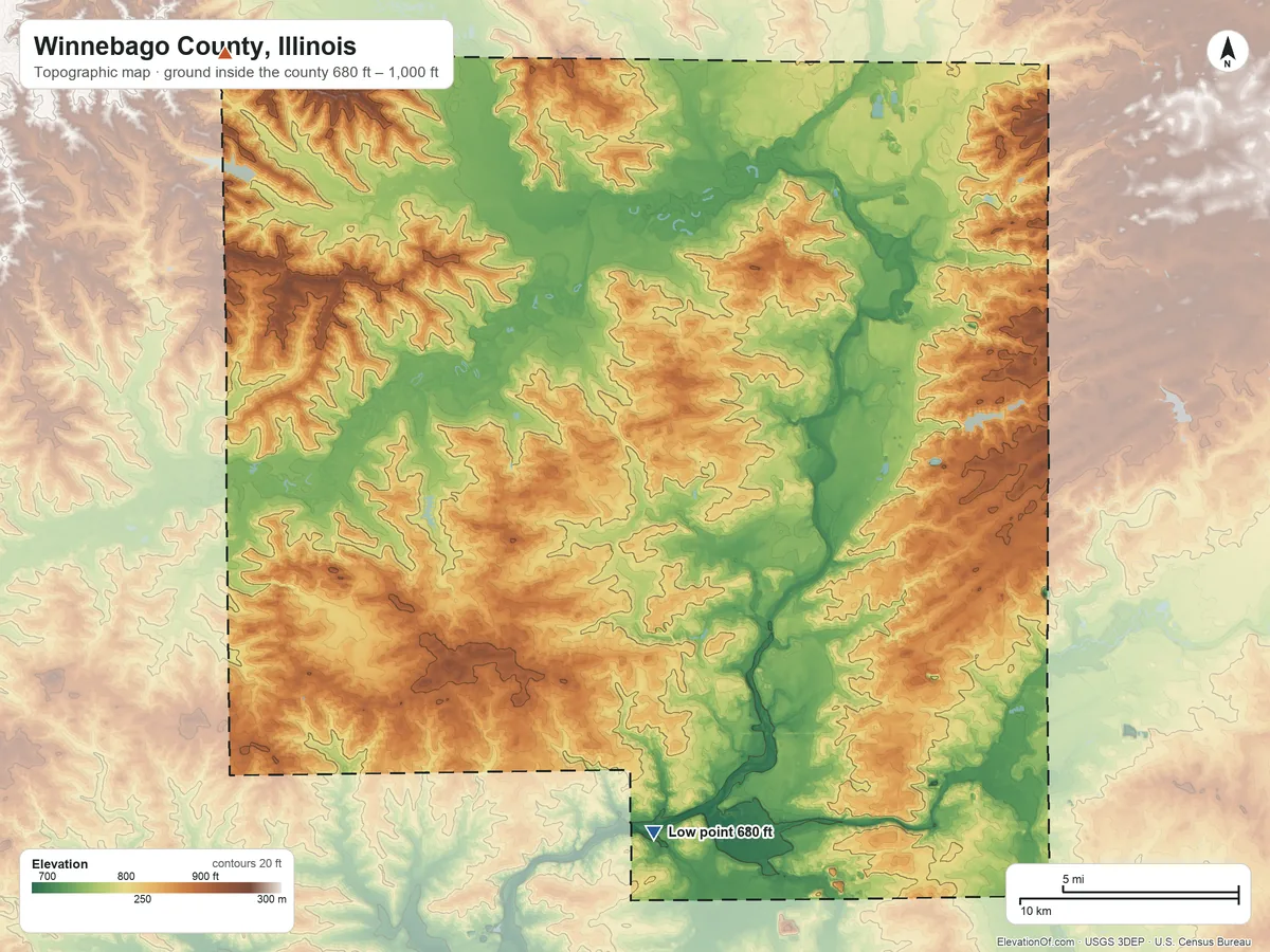Topographic elevation map of Winnebago County, Illinois, shaded from 680 ft on the south side to 1,000 ft on the northwest side