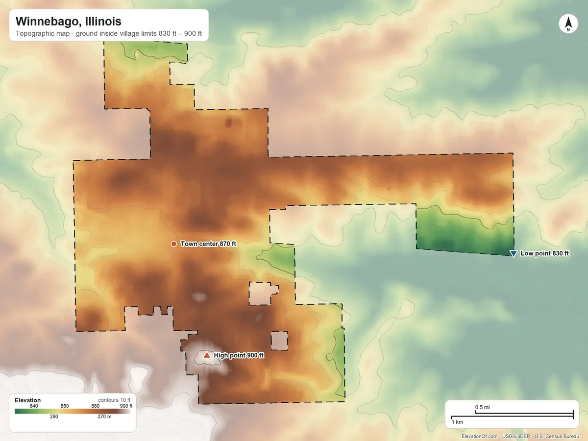 Topographic elevation map of Winnebago, Illinois, shaded from 830 ft on the east side to 900 ft on the south side