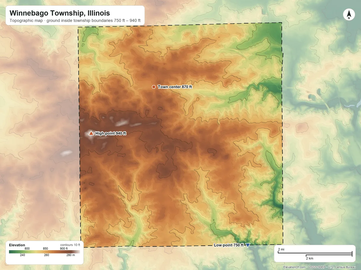 Topographic elevation map of Winnebago Township, Illinois, shaded from 750 ft on the southeast side to 940 ft on the southwest side