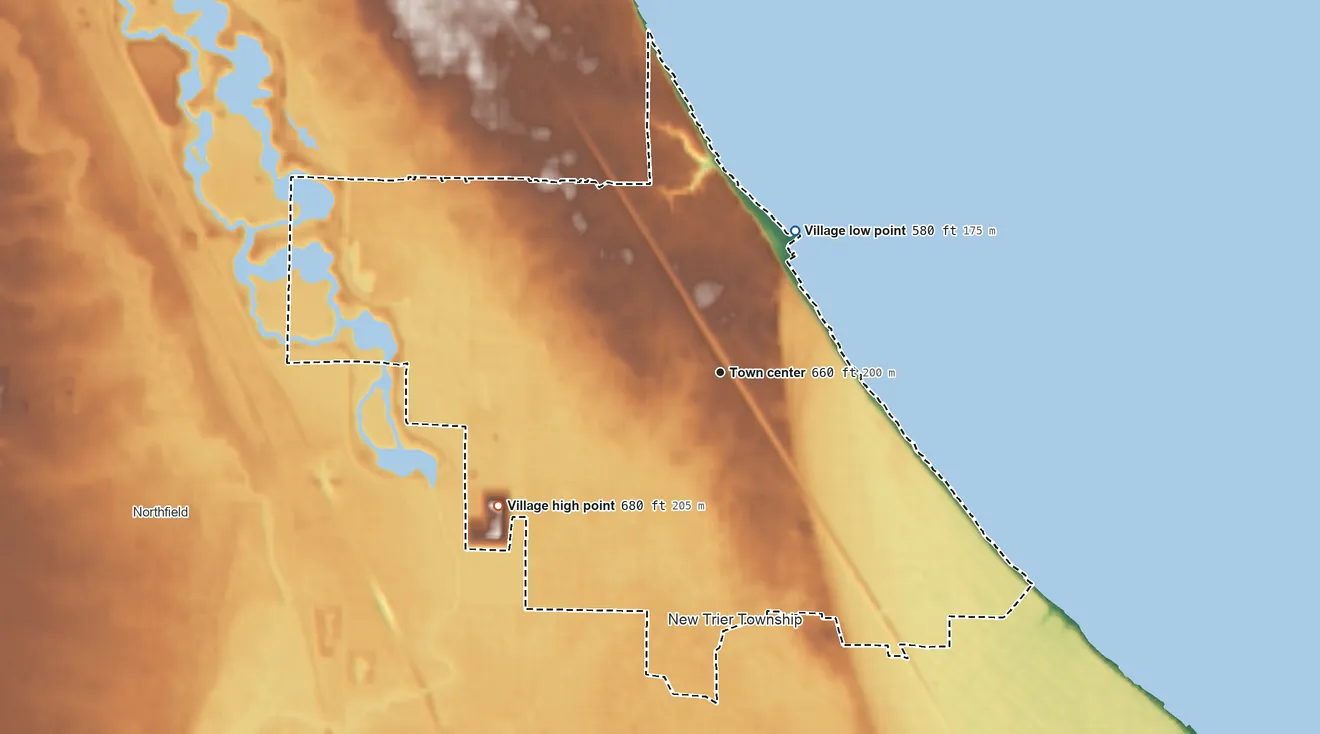 Topographic elevation map of Winnetka, Illinois, shaded from 580 ft on the northeast side to 680 ft on the southwest side