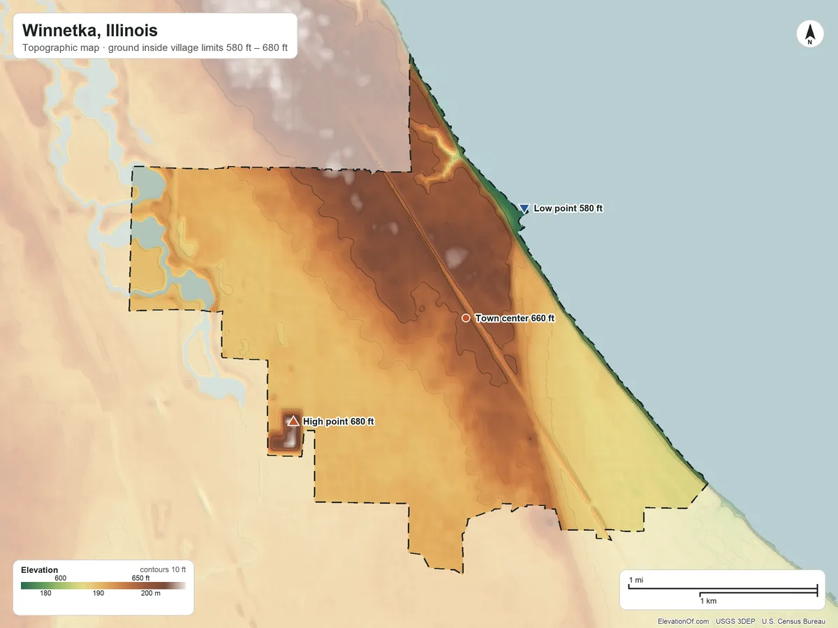 Topographic elevation map of Winnetka, Illinois, shaded from 580 ft on the northeast side to 680 ft on the southwest side