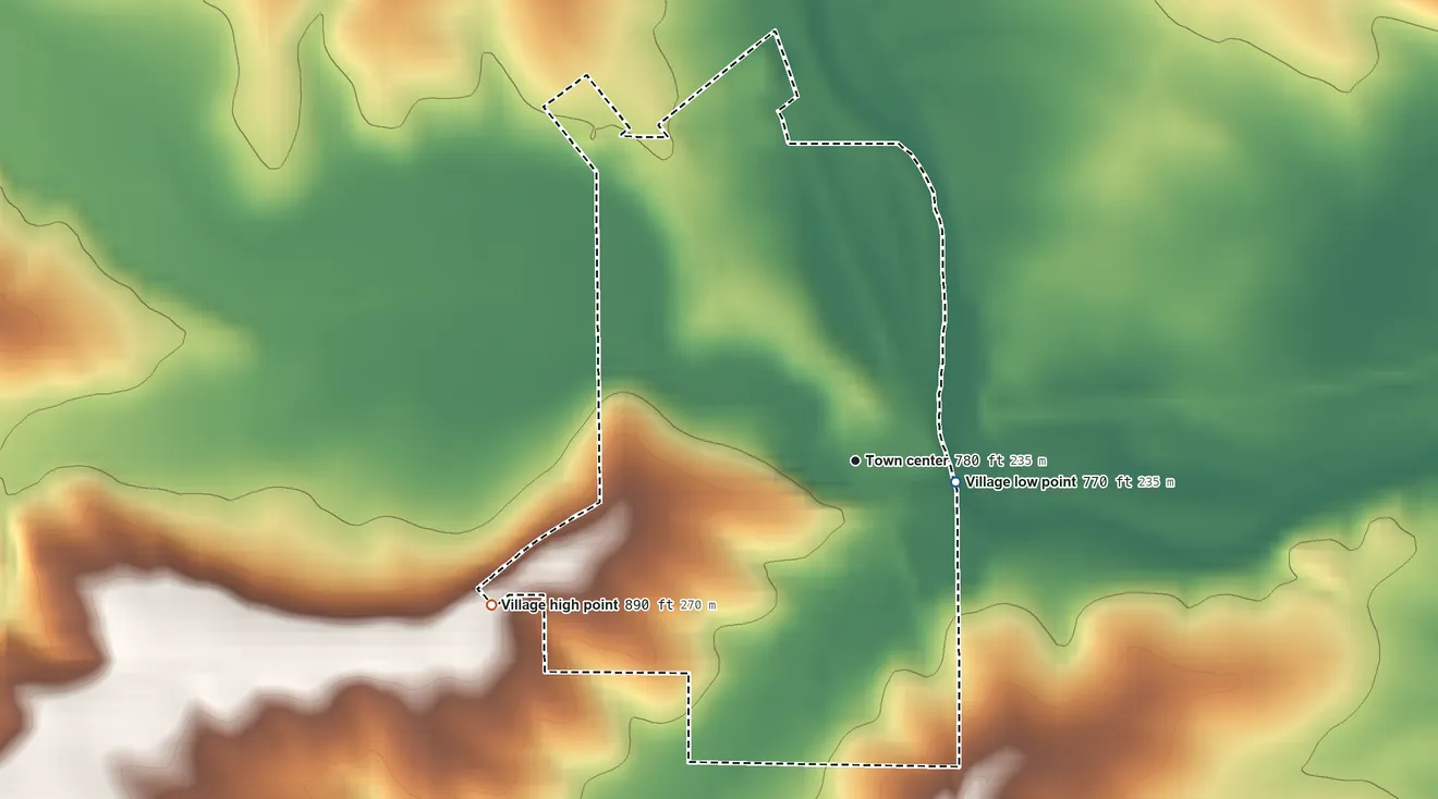 Topographic elevation map of Winslow, Illinois, shaded from 770 ft on the east side to 890 ft on the west side