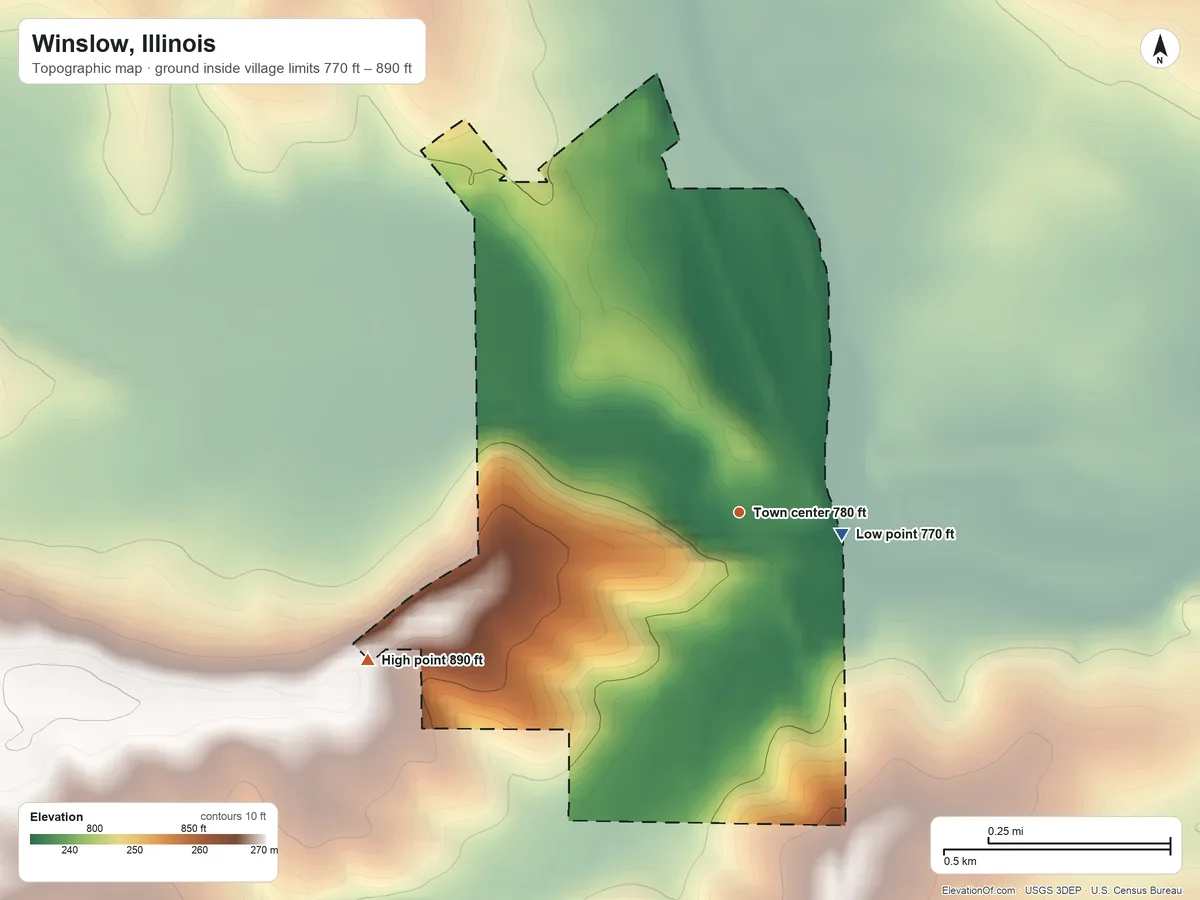 Topographic elevation map of Winslow, Illinois, shaded from 770 ft on the east side to 890 ft on the west side