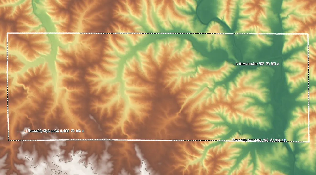 Topographic elevation map of Winslow Township, Illinois, shaded from 760 ft on the southeast side to 1,010 ft on the west side
