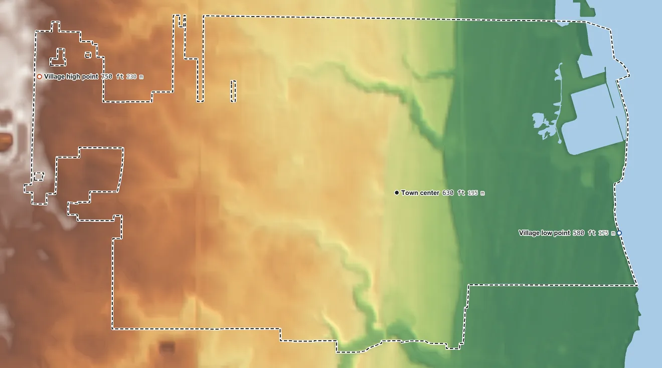 Topographic elevation map of Winthrop Harbor, Illinois, shaded from 580 ft on the east side to 750 ft on the west side