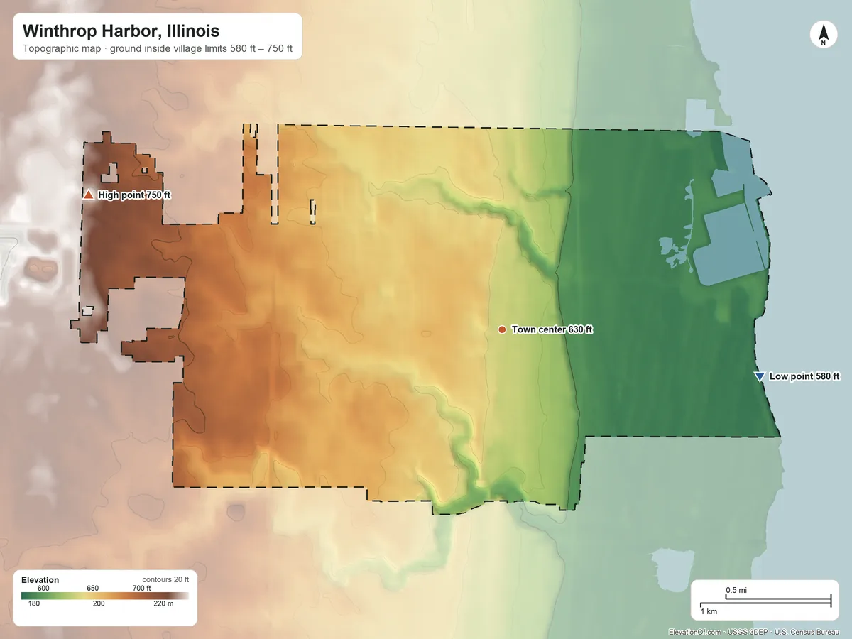 Topographic elevation map of Winthrop Harbor, Illinois, shaded from 580 ft on the east side to 750 ft on the west side