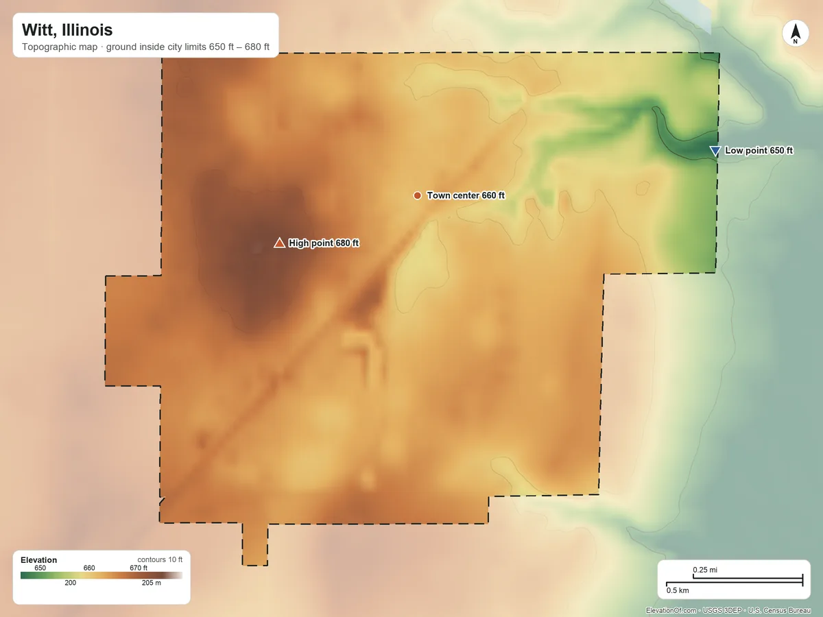 Topographic elevation map of Witt, Illinois, shaded from 650 ft on the east side to 680 ft on the west side